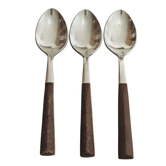 3 Woodwind Teaspoon Spoon 6" wood-like handle vtg midcentury boho minimalist mix - Picture 1 of 9